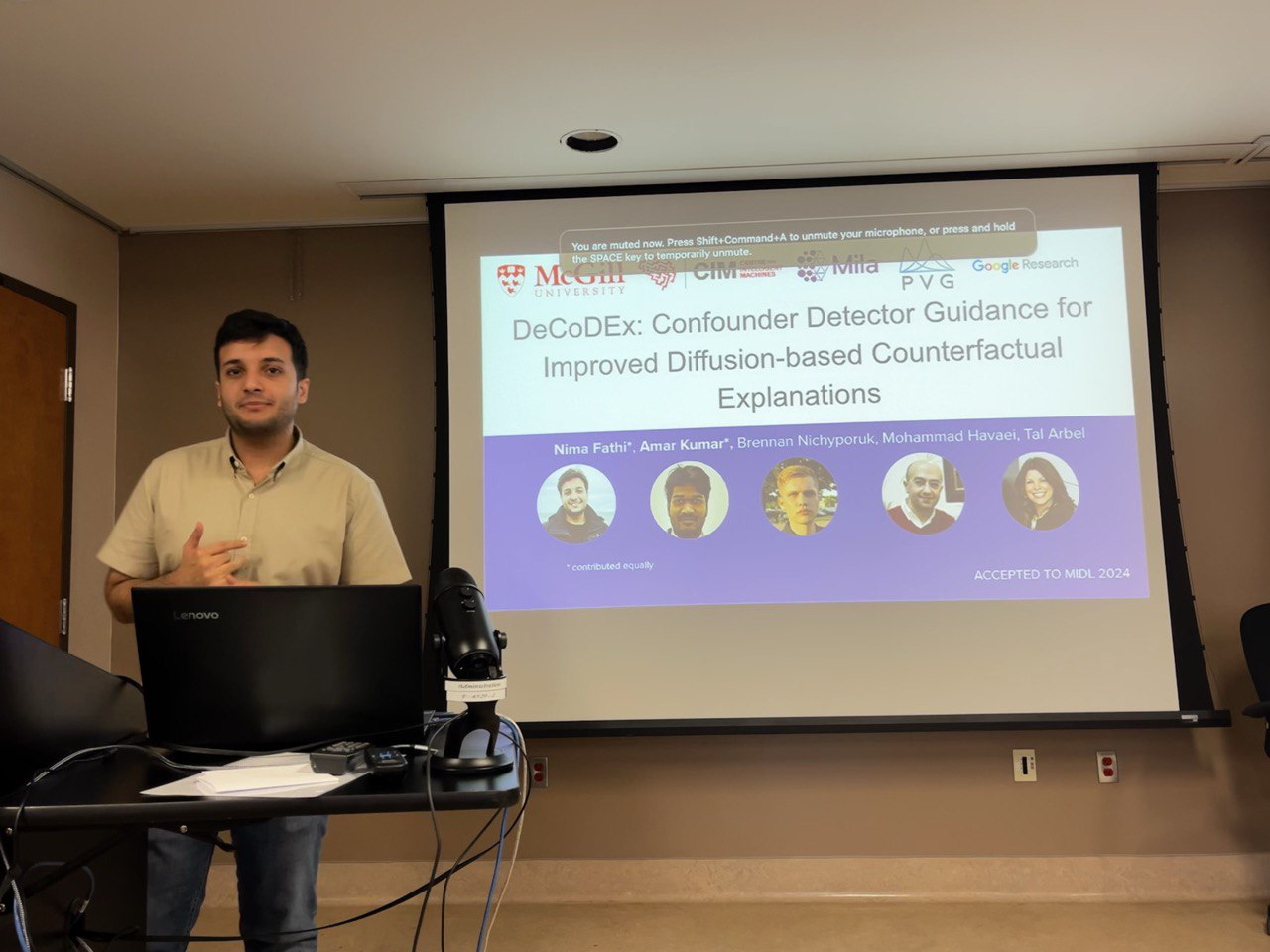 Nima Fathi presenting his latest work on debiased counterfactual generation via guided diffusion at the Unique Student Symposium (USS 2024) in Queebec City.